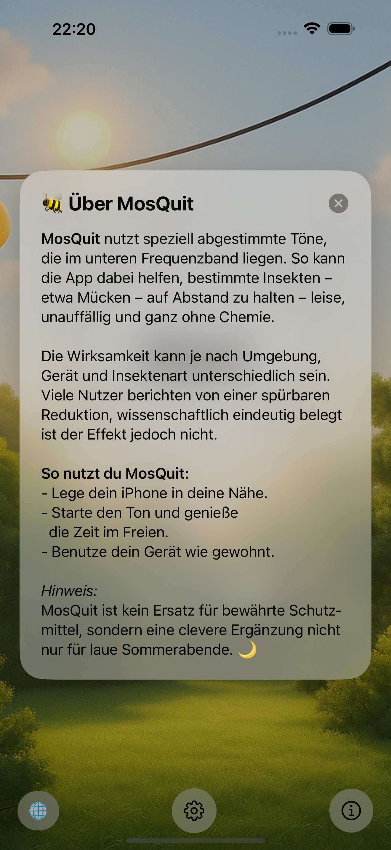 MosQuit information overlay in German on iPhone