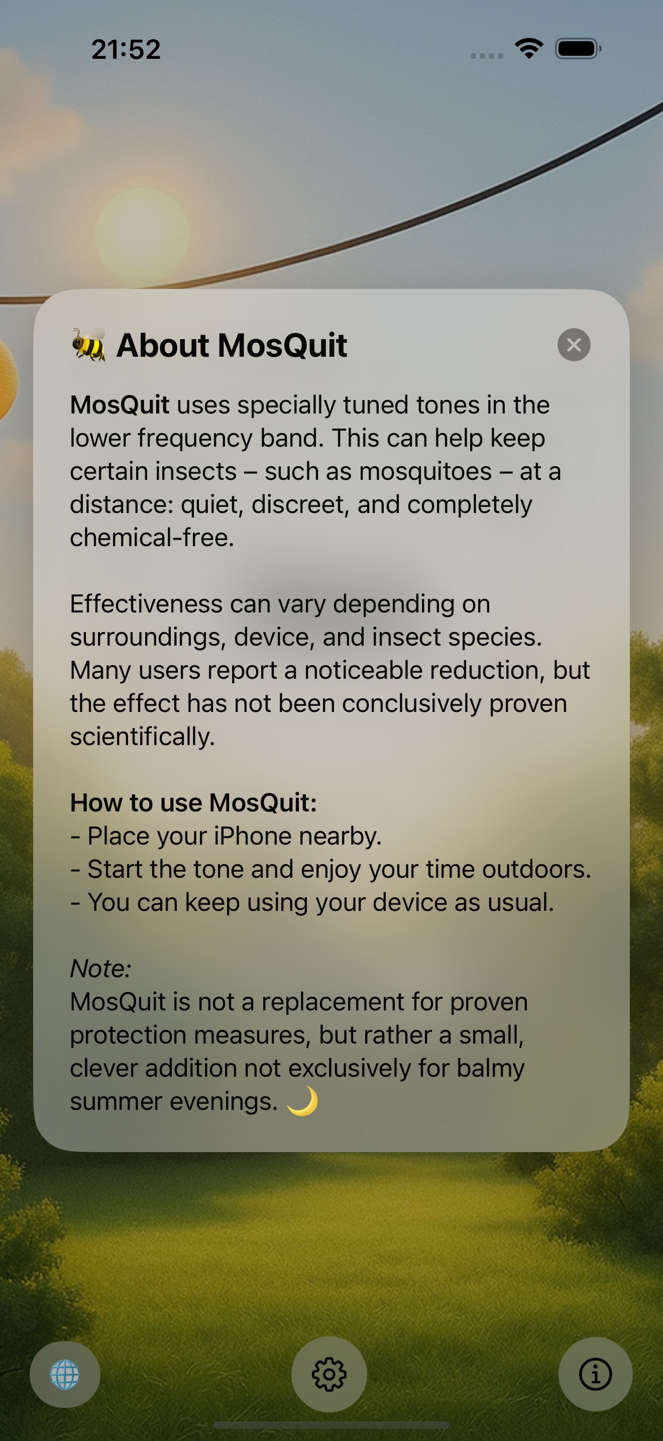 MosQuit information overlay in English on iPhone