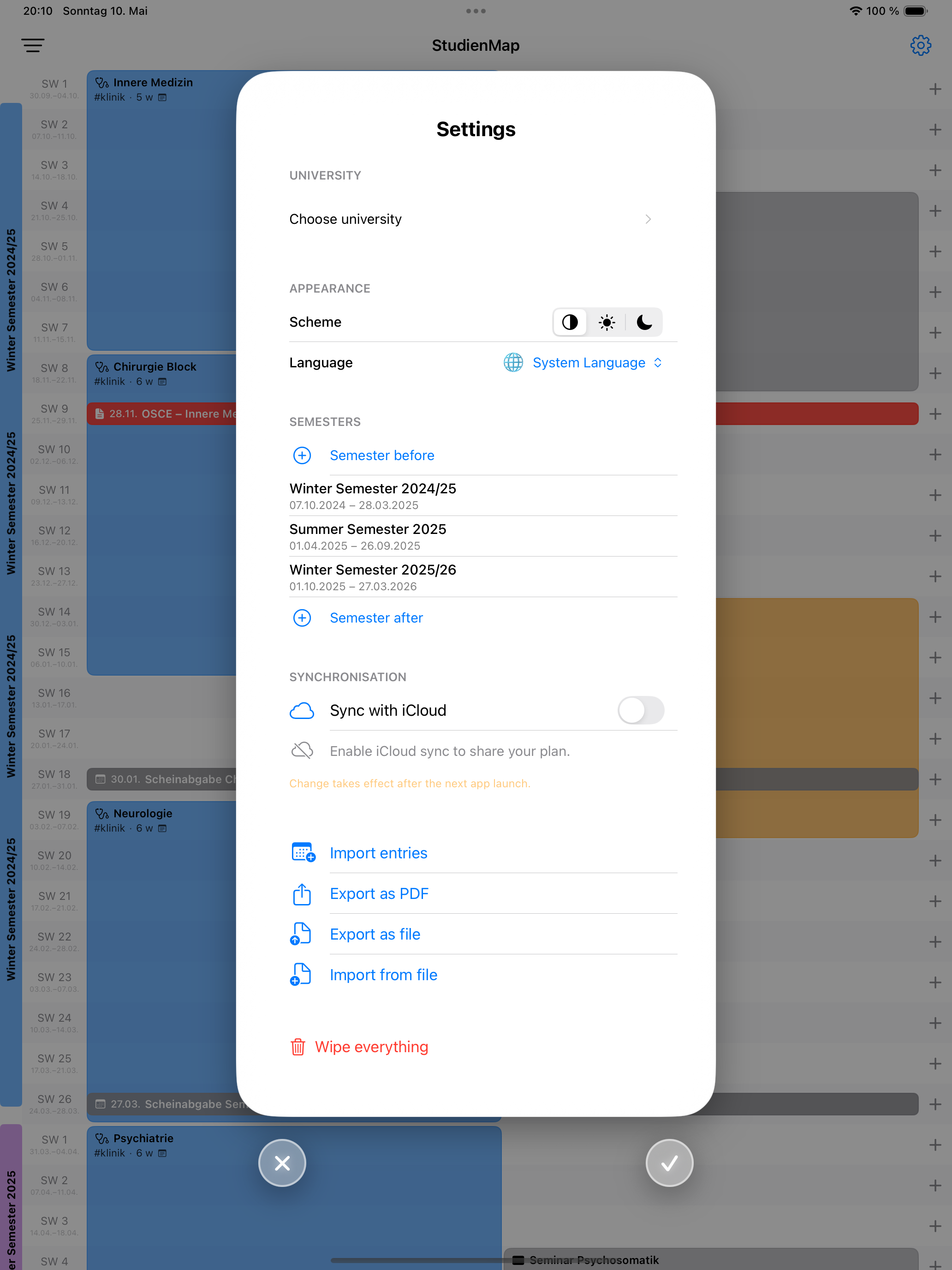 App settings screen on iPad