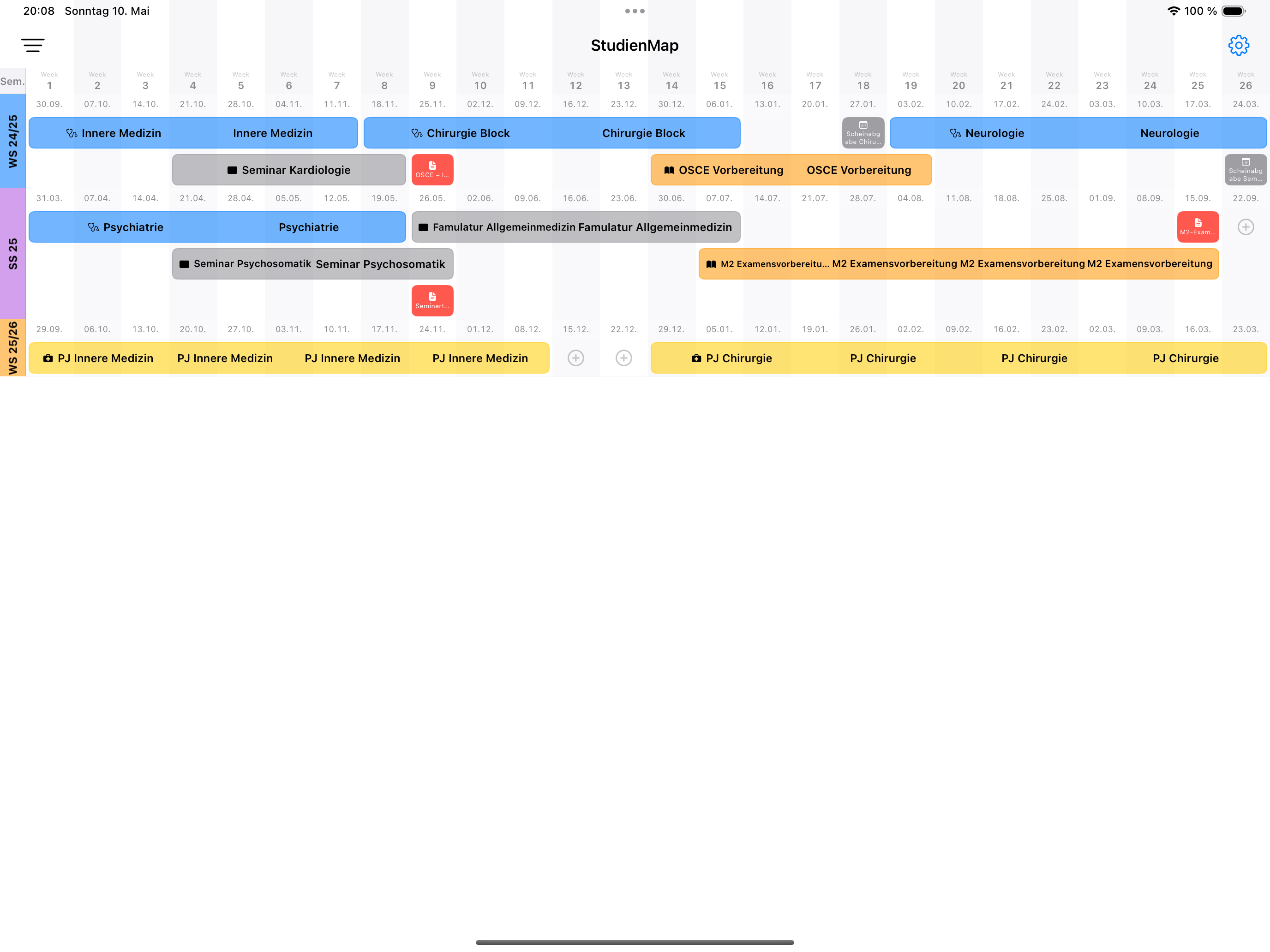 Week-by-week study plan table on iPad