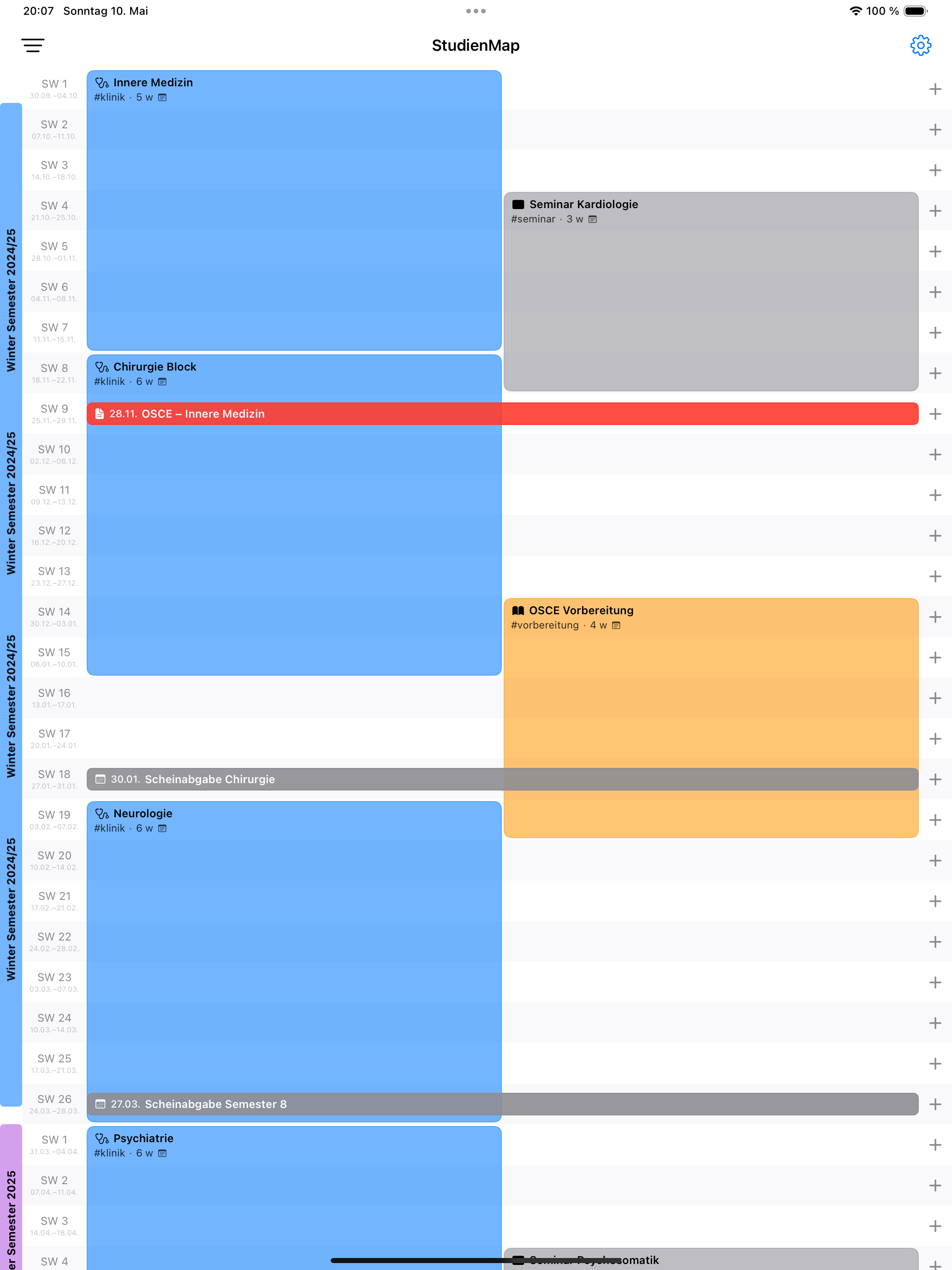 Timeline showing all study weeks and phases at a glance on iPad
