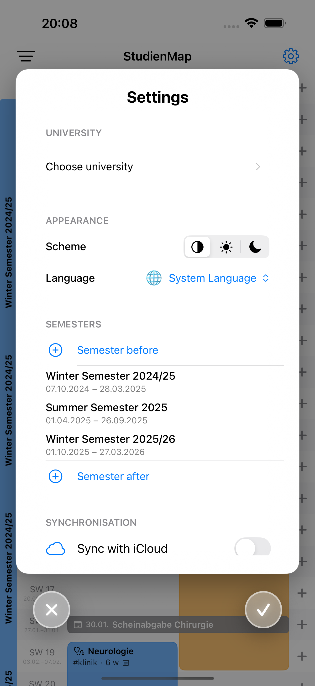 App settings screen on iPhone