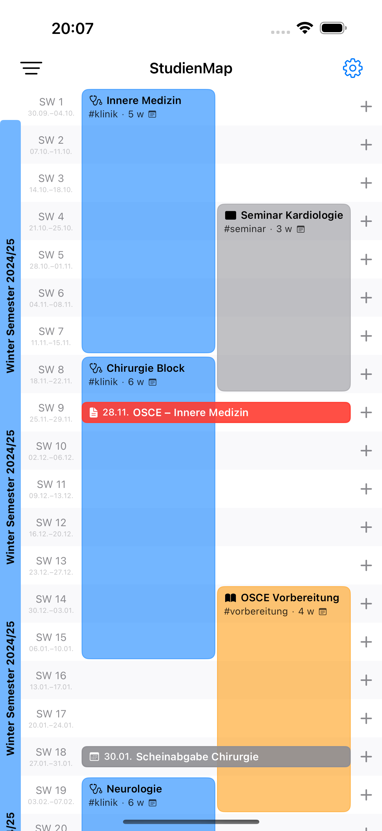 Timeline showing all study weeks and phases at a glance on iPhone